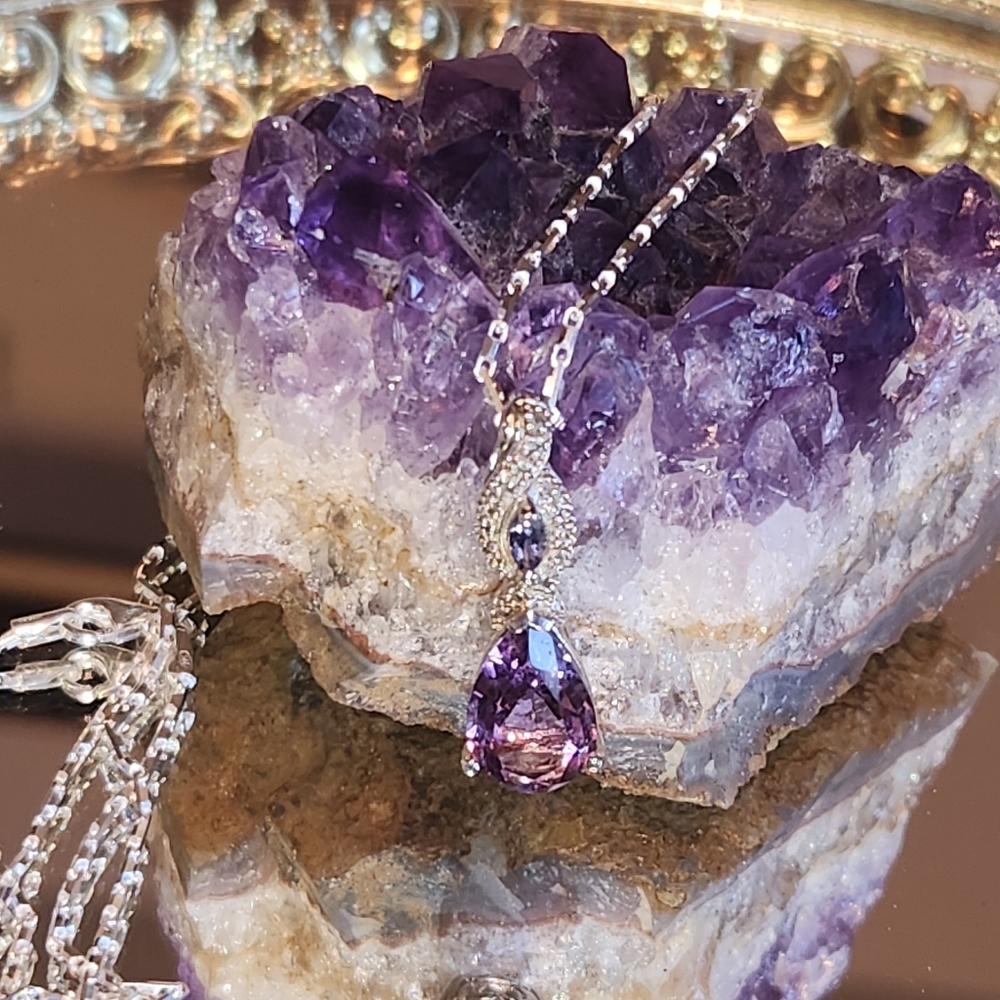 Women's 925 Amethyst, Tanzanite and Diamond Necklace on a 925 19.5" Heshe Chain.